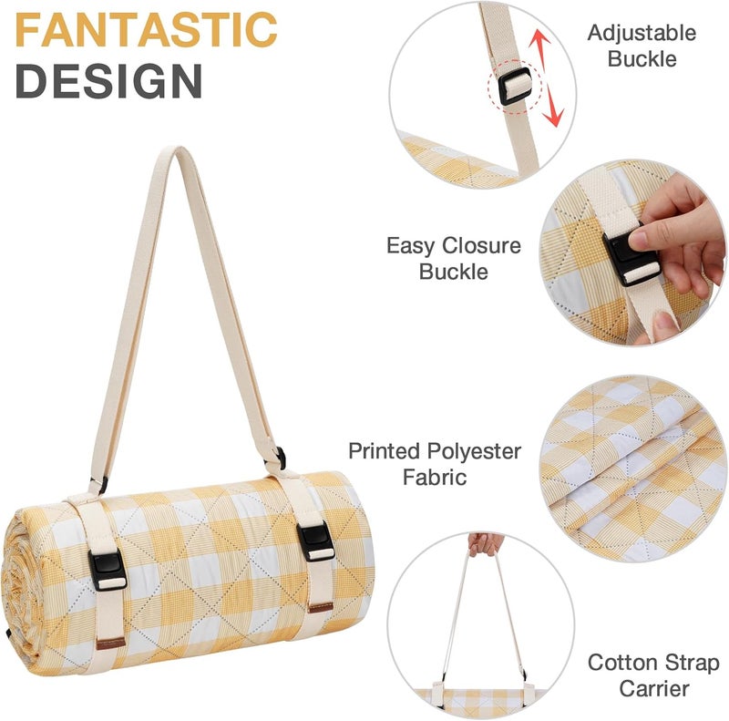 WILLOW WEAVE Picnic Blanket, 80''x80'' Waterproof Outdoor Blankets, Picnic Mat Washable for Beach, Picnic Blankets for Camping on Grass with Shoulder Strap - Yellow & White - Image 3